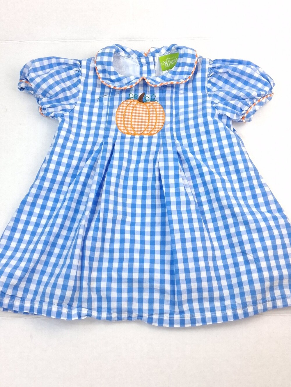 Classic Whimsy Blue Gingham Plaid Puff Sleeve Pumpkin Embroidered Dress